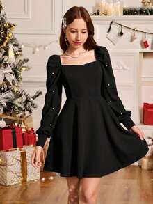 Pitira Trang phục dự tiệc Giáng sinh cho thiếu nữ màu đen/len/mùa đông/thanh lịch/dành cho tiệc tùng/tay phồng đính hạt/khóa ngọc trai/váy ngắn, váy xòe xếp tầng - màu đen - Xem 3