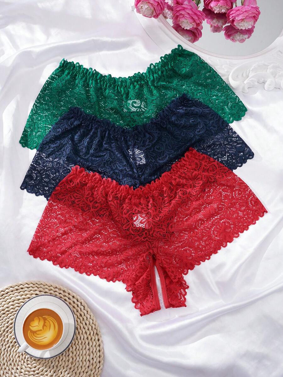 SHEIN 3pcs/Set Plus Size Lace Sexy Open Crotch Panties - Multicolor - View 1