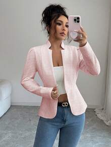 SHEIN Elenzya Áo blazer nữ thanh lịch, màu trơn, tay phồng, thích hợp cho công sở, đi làm, mùa xuân/thu. - Hồng - Xem 3