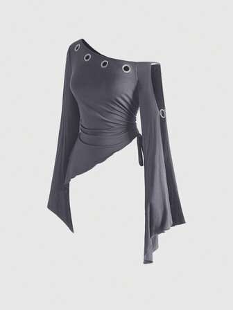 ROMWE Avant Chemise décontractée pour femmes à manches évasées, taille cintrée, épaule asymétrique et œillets vintage