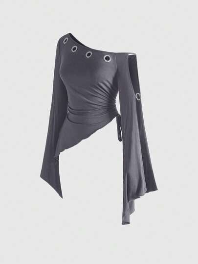 ROMWE Avant Camiseta casual de mujer con hombros asimétricos, cintura ceñida, mangas acampanadas y ojales