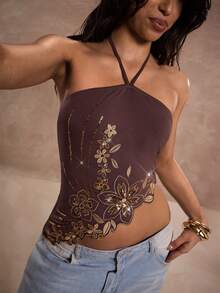 SHEIN BAE Áo kiểu nữ gợi cảm đính sequin, thêu hoa, vạt lệch, cổ yếm, thích hợp cho mùa hè, kỳ nghỉ xuân, lễ hội năm 2026, áo đi chơi, áo dự tiệc, áo phong cách Y2K, áo màu nâu, áo đi nghỉ mát cho nữ, áo đi biển cho nữ. - màu nâu - Xem 4