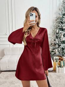 Easowa Đầm ngắn nữ cổ chữ V thắt nơ tay loe eo dáng chữ A, kiểu dáng thoải mái, thanh lịch, phù hợp đi làm, phong cách retro mùa thu/đông. - Màu Đỏ Sâu - Xem 4