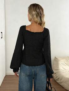 Easowa 方领、荷叶边、泡泡袖、蕾丝拼接、收腰A字衬衫、刺绣提花面料、休闲优雅OL风女式衬衫 - 黑色 - 查看 2