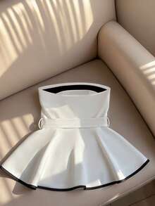 Franclia Petite Women's New Tight Waist Charming Bandeau Top, Suitable For Dining, Dating, And Casual Outings White Peplum Top Strapless White Top White And Black Top Peplum Top With Belt Belted Peplum Top