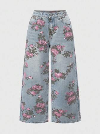 Fairycore Vintage Blume Muster Washed Jeans in Große Größen für Frauen, weite Beine