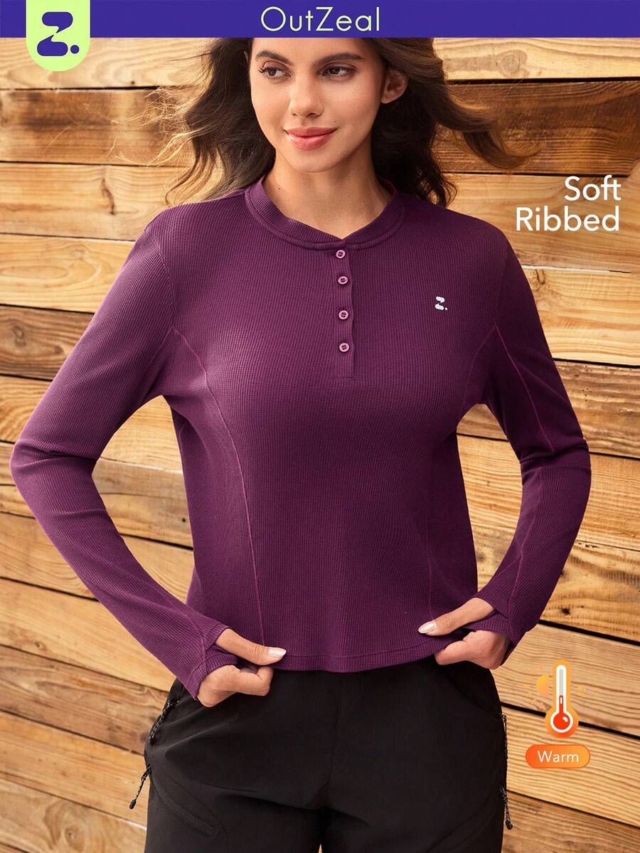 OutZeal Thermal Clothes Women Outdoor Tees Hiking Camping Thermal Long Sleeve Henley Shirt Fall Winter - Red Violet - View 1