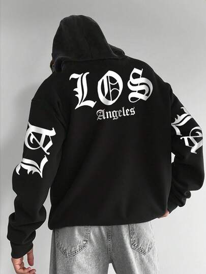 Manfinity EMRG Men's Casual Fashion Street Letter Print Drop Shoulder Loose Drawstring Hooded Fleece Lined Warm Sweatshirt, Autumn/Winter