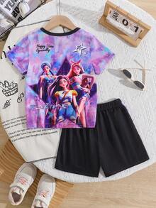 Young Girl' Basic Short Sleeve T-Shirt + Black Shorts 2-Piece Set - Pink - View 2