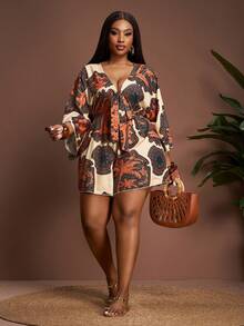 Veslaya 大码女式假日休闲V领宽松印花连体裤，配系带腰带 - 彩色 - 查看 7