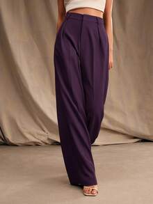 Anewsta Women's Casual Everyday Office Commute Versatile Solid Color High Waist Wide Leg Pants - Purple - View 6
