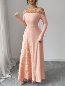 Modelyn Đầm dài tay cổ tròn, tay lỡ, lưng thun lưới dệt jacquard, xếp ly bất đối xứng dành cho nữ - Hồng - Xem 6