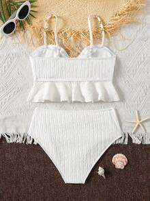 SHEIN Tween Girl Fitted Casual Minimalist Comfortable Shell Decor Swimwear Set - White - View 2