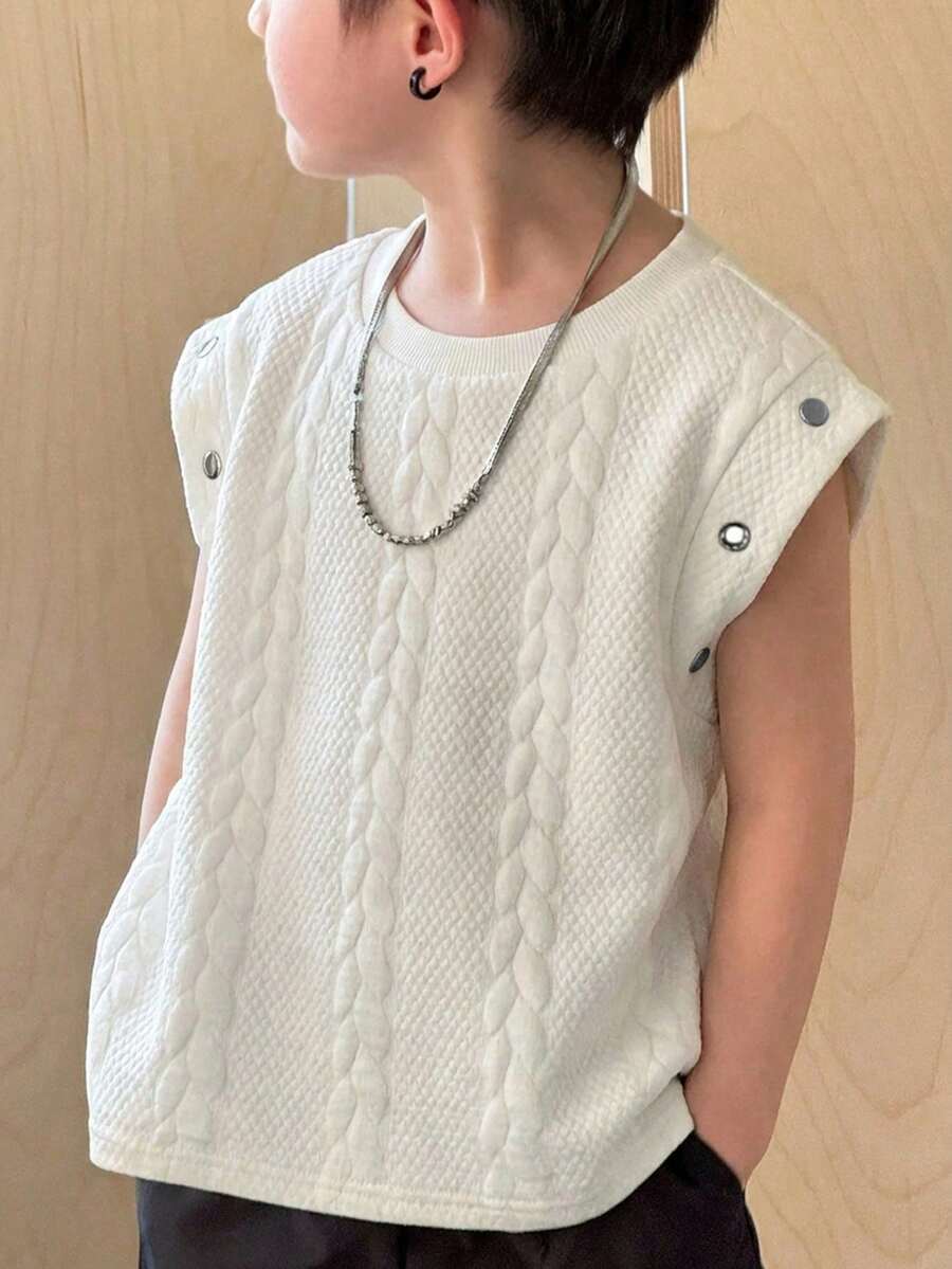 SHEIN 男童纹理圆领纽扣装饰休闲背心 - 白色 - 查看 1