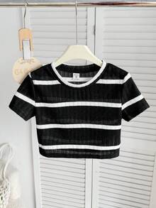 SHEIN Tween Girl Casual Wide Stripe Cropped Round Neck Short Sleeve T-Shirt - Black - View 3