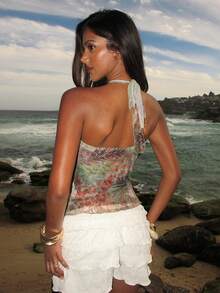 SHEIN BAE Áo kiểu nữ casual phong cách retro in họa tiết, hở lưng, cổ yếm, thanh lịch, thích hợp cho mùa hè, kỳ nghỉ xuân, ngày Valentine, lễ hội Carnival, đi biển, nghỉ mát, kỳ nghỉ hè, họa tiết da báo, hàng mới năm 2026, phù hợp cho kỳ nghỉ biển, hẹn hò, mặc thường ngày và các dịp lễ. - màu xanh lá - Xem 7