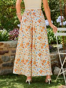 KARISMINA 女士时尚休闲优雅浪漫度假风弹力腰带蝴蝶结装饰口袋阔腿裤，女士橙色印花裤，女士优雅春夏夏季印花裤波西米亚风印花阔腿裤休闲阔腿裤印花阔腿裤花朵印花裤，夏季，春季女士，春假，情人节女士，2026狂欢节女士造型，海滩 - 彩色 - 查看 3