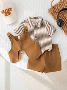 SHEIN 3pcs Baby Boy Preppy Style Outfit Set: Striped Shirt, Khaki Shorts, Suspender Pants, Bow Tie. Suitable For Birthday Party, Rave, Evening Party, Performance, Wedding, Baby Shower, 1st Birthday Celebration