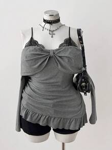 Sweetra Áo thun nữ cỡ lớn phối ren, xếp nếp, viền bèo - Xám - Xem 1