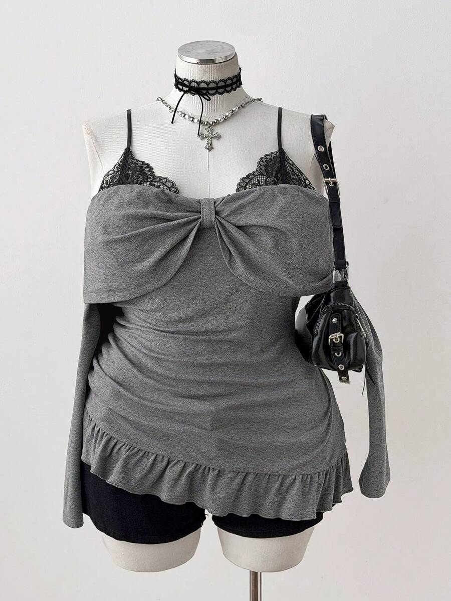 Sweetra Áo thun nữ cỡ lớn phối ren, xếp nếp, viền bèo - Xám - Xem 1