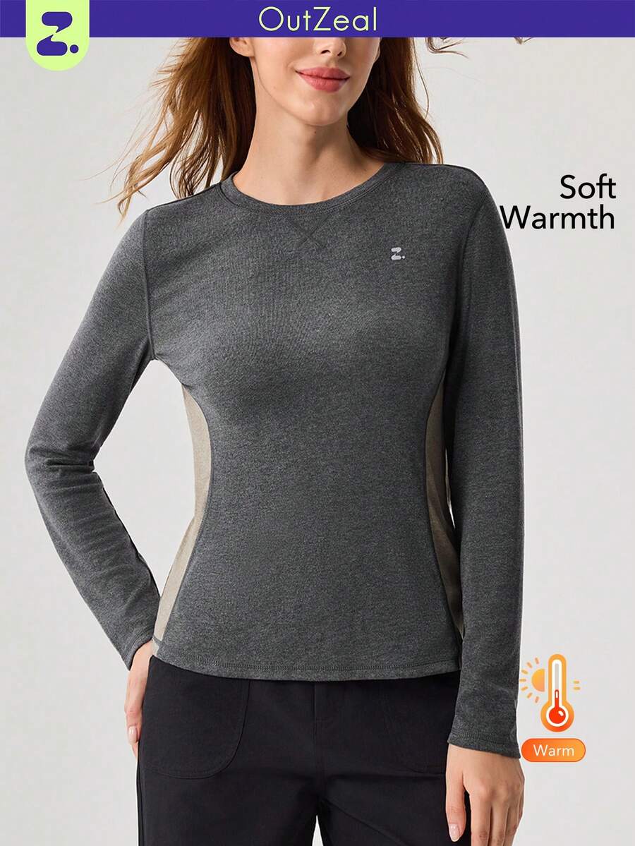 OutZeal 女士户外保暖T恤 日常休闲长袖速干圆领长袖T恤 秋冬 - 灰色 - 查看 1