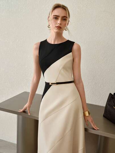 MOTF PREMIUM SLEEVELESS ROUND NECK COLORBLOCK BELT FITTED A-LINE DRESS, COMMUTING CHIC