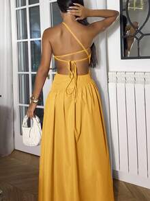 Ronhire 新款不对称镂空露背交叉带细节长裙，休闲度假风格，春夏 - B - 黃色 - 查看 2