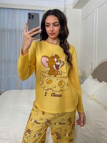 TOM & JERRY X SHEIN 女士卡通图案圆领长袖上衣和裤子睡衣套装，秋冬服装
