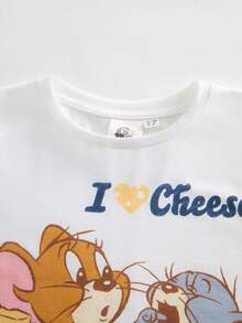 TOM & JERRY X SHEIN 女童可爱卡通图案短袖T恤短裤套装，夏季 - 白色 - 查看 3