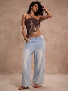 SHEIN BAE Áo kiểu nữ gợi cảm đính sequin, thêu hoa, vạt lệch, cổ yếm, thích hợp cho mùa hè, kỳ nghỉ xuân, lễ hội năm 2026, áo đi chơi, áo dự tiệc, áo phong cách Y2K, áo màu nâu, áo đi nghỉ mát cho nữ, áo đi biển cho nữ. - màu nâu - Xem 6