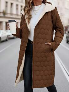 SHEIN Clasi Áo khoác dài nữ có lớp lót, thiết kế cổ điển đa năng với mũ trùm đầu, thích hợp cho mùa đông. - màu nâu - Xem 6