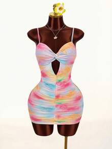 Amplova 2026 New Arrival Low-Cut Front Twist Knot Chest Hollow Design Women's Tie-Dye Spaghetti Strap Mini Dress - Multicolor - View 1