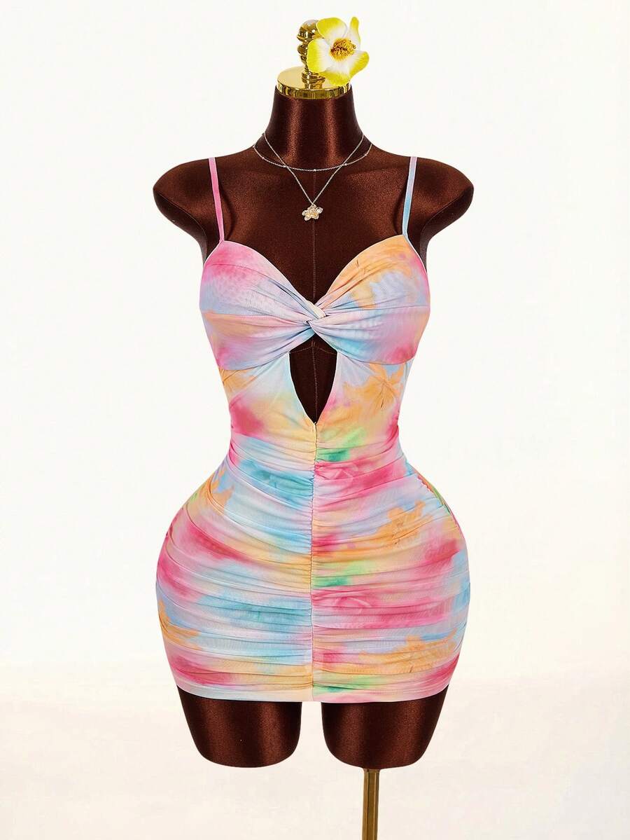 Amplova 2026 New Arrival Low-Cut Front Twist Knot Chest Hollow Design Women's Tie-Dye Spaghetti Strap Mini Dress - Multicolor - View 1