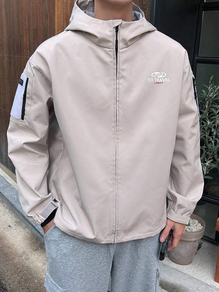 Autumn Khaki Patch Label Hooded Jacket, Sleeve Pocket Design, Loose Fit Outdoor Workwear Men's Coat