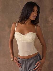 SHEIN BAE Women's Contrast Lace Fitted Cropped Camisole - Apricot - View 4