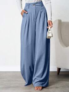 SHEIN Tall Women Beige Deep Pleated Linen Pants - Blue - View 5