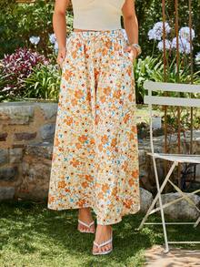 KARISMINA 女士时尚休闲优雅浪漫度假风弹力腰带蝴蝶结装饰口袋阔腿裤，女士橙色印花裤，女士优雅春夏夏季印花裤波西米亚风印花阔腿裤休闲阔腿裤印花阔腿裤花朵印花裤，夏季，春季女士，春假，情人节女士，2026狂欢节女士造型，海滩 - 彩色 - 查看 4