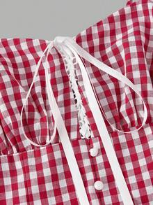 SHEIN MOD 红白格子浪漫可爱乡村风中长连衣裙 - 紅白色 - 查看 8