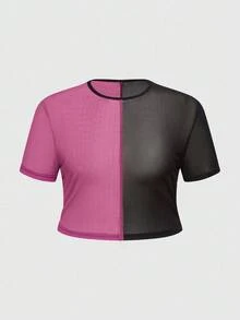 ROMWE Grunge Punk Camiseta corta de manga corta con cuello redondo, ajustada y con parches de malla roja y negra para mujeres de talla grande - Rosa Fucsia - Ver 8