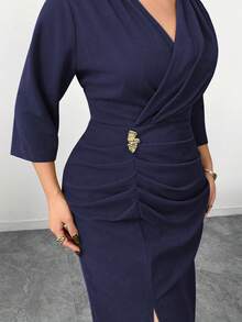 Modelyn Plus Size Women Solid Color Pleated Elegant Slim Waist Dress - Royal Blue - View 6