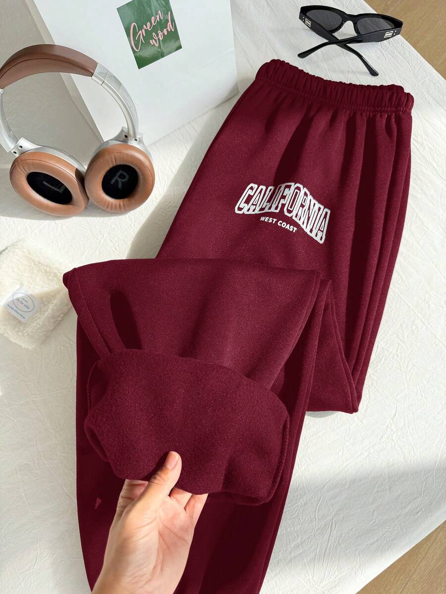 Comfortcana Red Plus Size Women's Thermal Lined Printed Sweatpants, Autumn/Winter - Red - View 1