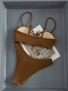 Swim Vcay Women's Beach Spring/Summer Music Festival Knitted Jacquard Brown Splicing Beaded Detachable Shoulder Strap High Cut Pants Retro Vacation Style Bikini Set - Multicolor - View 2