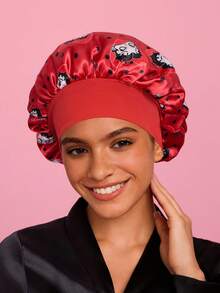 Betty Boop x SHEIN 升级版双层柔软舒适宽檐缎面睡帽，波点设计，适合日常居家穿着和睡眠，红色，礼品之选，适合派对、节日、情人节等场合。 - 酒紅色 - 查看 5