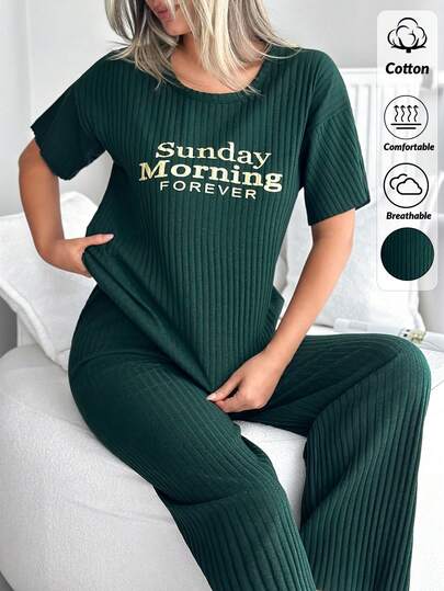EURMUSE Women's Army Green Rib-Knit Lounge Pant Set With Scoop Neck And Short Sleeve Top Comfortable