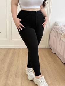 CovetEZ Plus Size Solid Color High Waist Pants, Suitable For Everyday Wear, Spring/Summer - Black - View 7