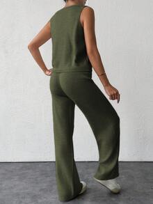 EURMUSE 2pcs Knitted Solid V-Neck Button Front Vest And Pants Sweater Set - Army Green - View 2