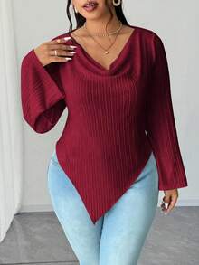 Elenzga 大码女式优雅休闲浪漫罗纹弹力修身不对称下摆长喇叭袖T恤 - 紅色 - 查看 5