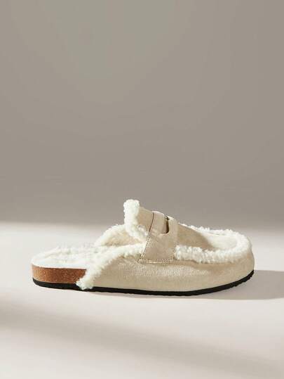 Solecia Women's New Flat Slip-On Shoes, Half-Covered Mule Style, Made Of Suede Material With Faux Fur Lining, Warm And Comfortable, Suitable For Going Out, Shopping, Commuting, And Casual Wear.