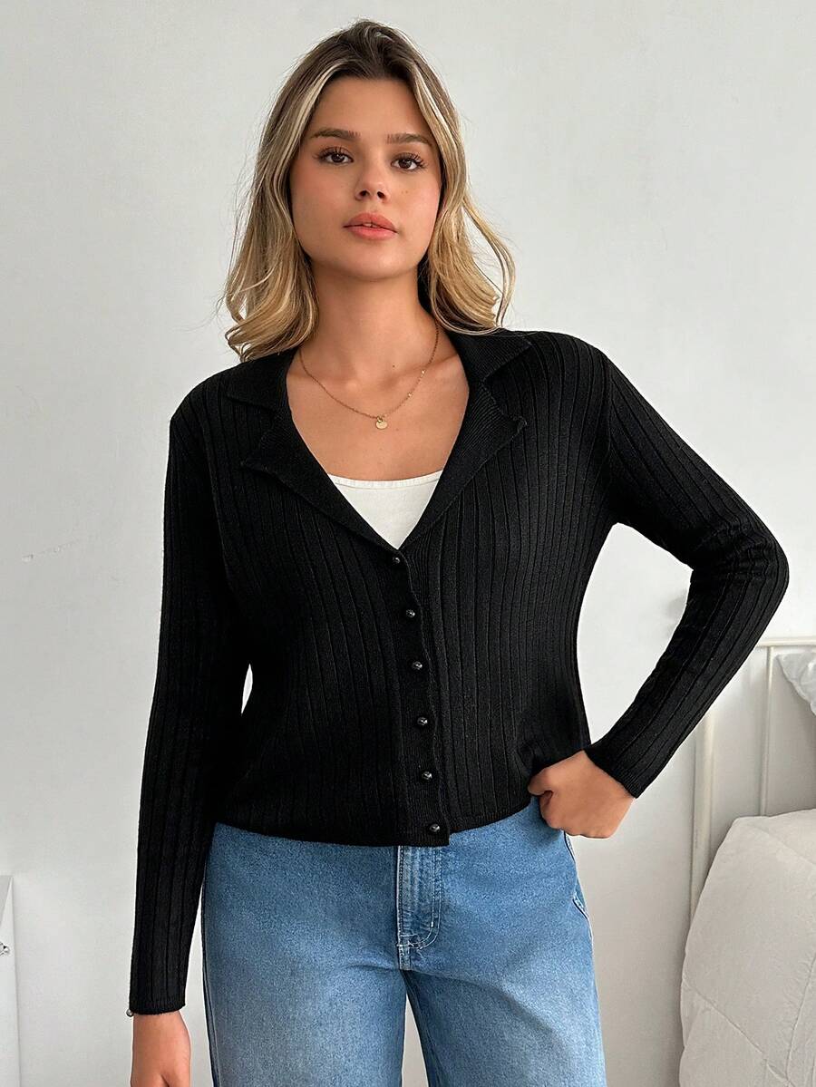 SHEIN Black And White Contrast Trim Button Front Knit Cardigan Soft Fuzzy Long Sleeve Elegant Korean Chic Minimalist Spring Outfit - Black - View 1