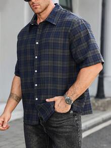 Manfinity Homme Men's Plaid Simple Casual Short Sleeve Shirt - Navy Blue - View 6